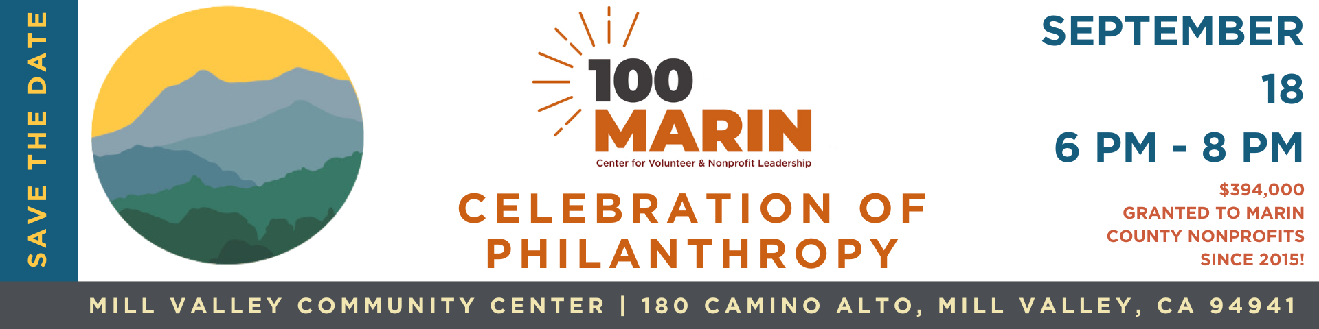 Save the Date. 100MARIN Celebration of Philanthropy, September 18, 2024